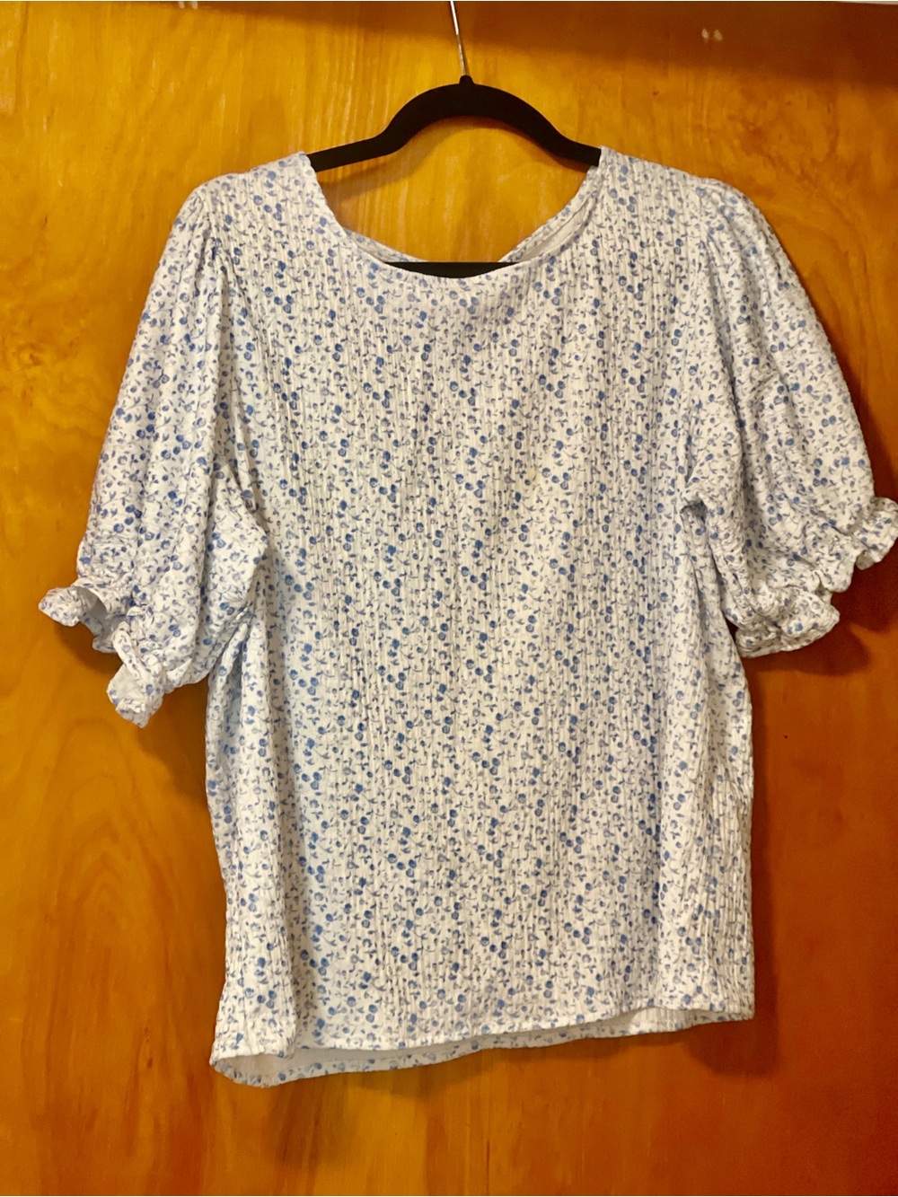 SHEIN White Top with Light Blue Floral Print and Puff Sleeves